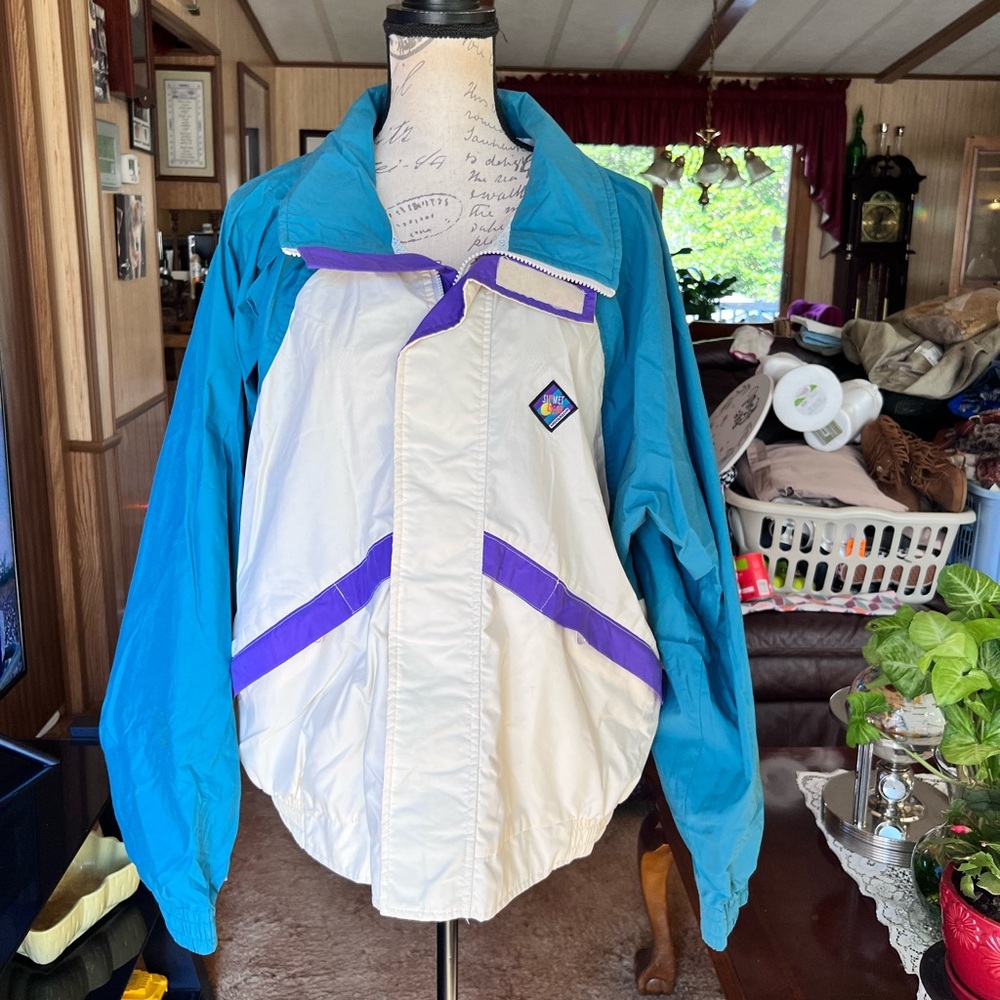 Vintage 90s WOOLRICH Windbreaker white, jade, purple Nylon Colorblock Jacket.